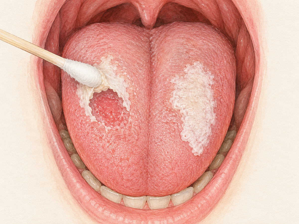 Close-up of a tongue showing two white patches: a cotton swab gently wipes away a creamy coating to reveal reddened tissue, while a thicker white patch remains fixed, illustrating how wipeability helps distinguish oral thrush from persistent lesions.