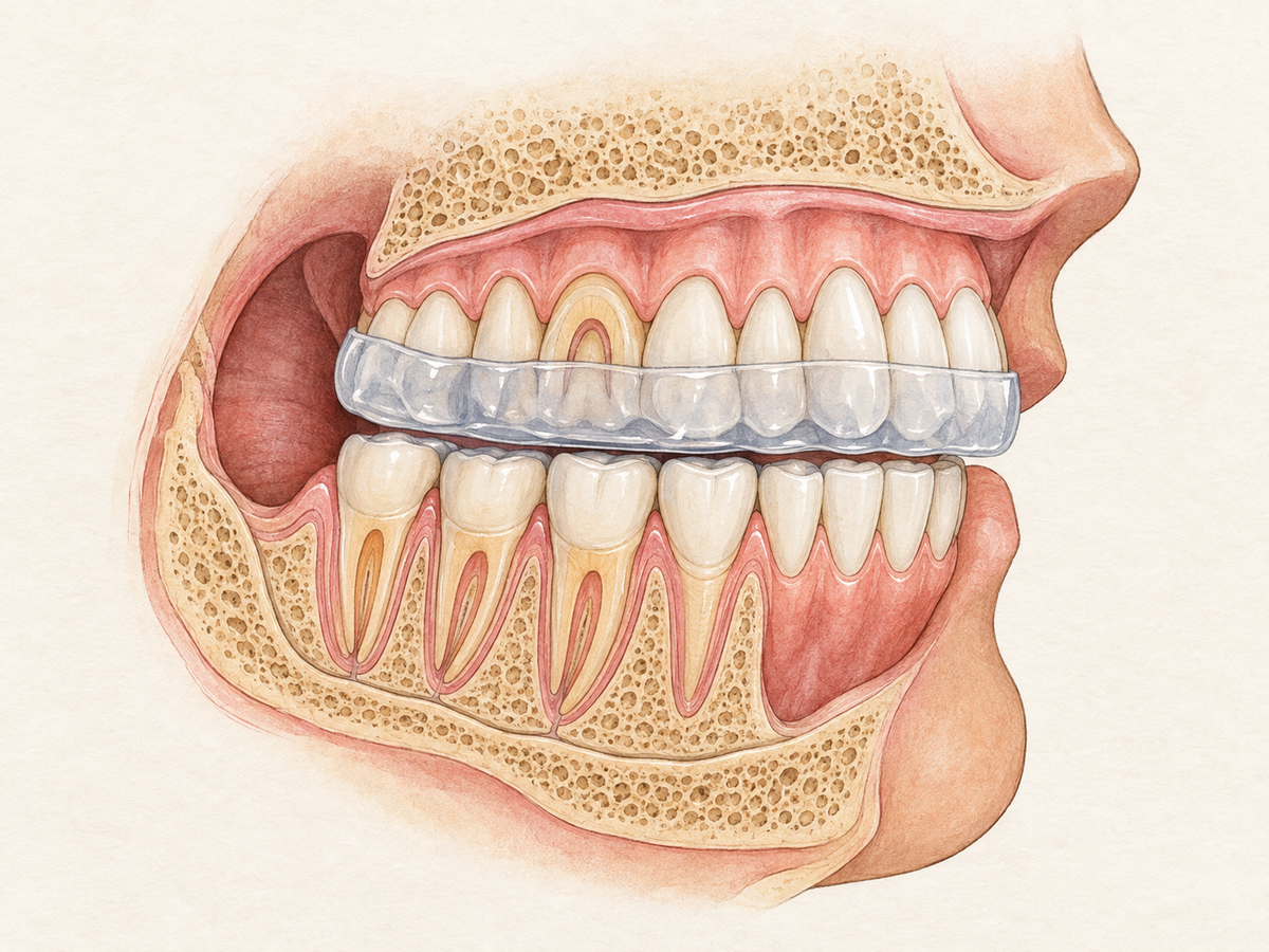 Cross-section of the mouth showing a custom night guard fitted over the upper teeth and resting against the slightly worn biting surfaces of the lower teeth, illustrating how the guard shields enamel from grinding and clenching forces.