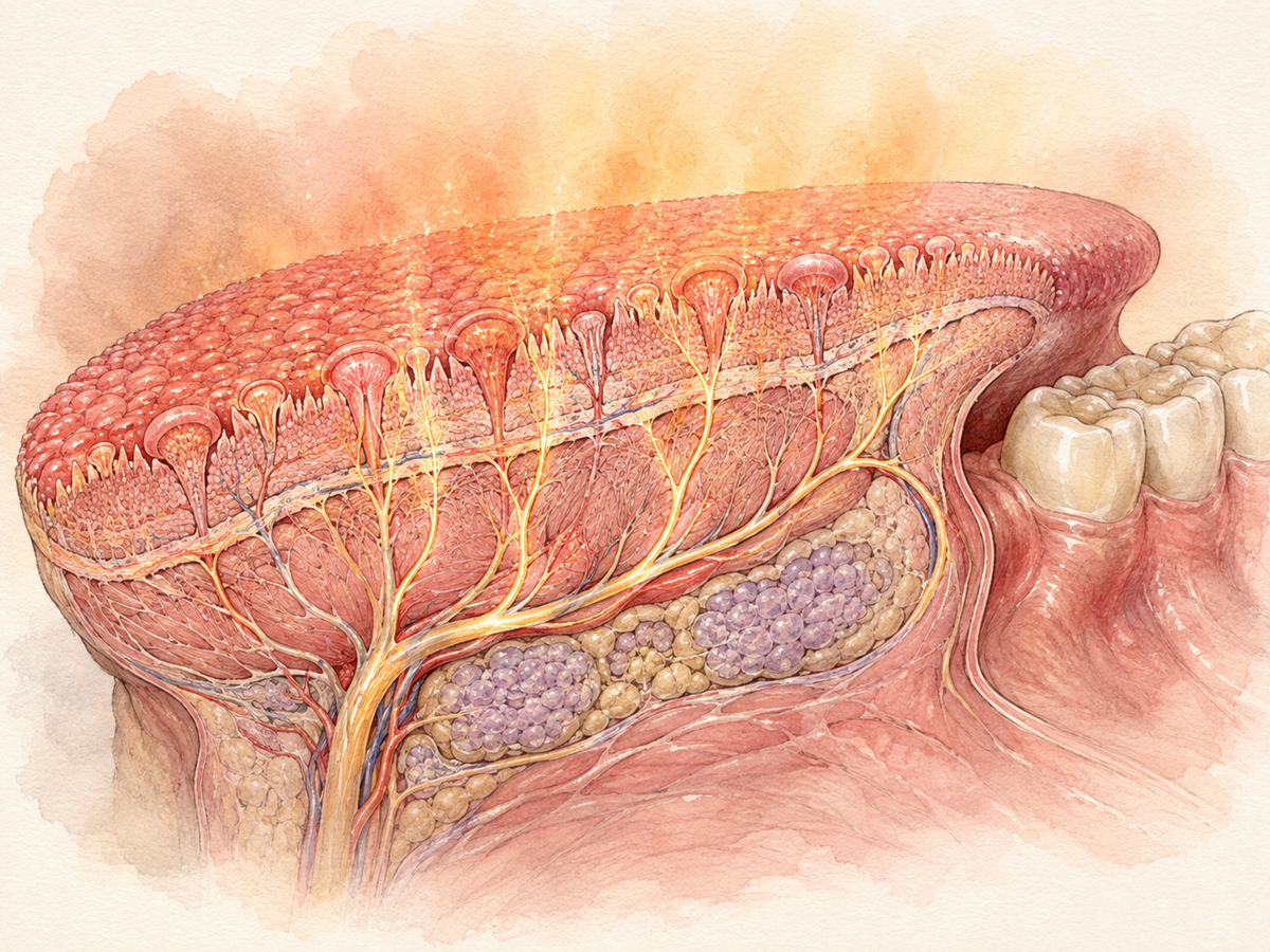 Cross-section of a human tongue and oral lining shows intact pink tissue and delicate sensory nerves highlighted with a soft warm glow, representing the burning or tingling of burning mouth syndrome without any visible sore.