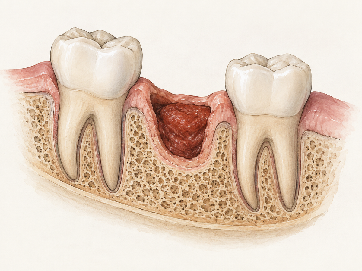 A cross-section of the jaw shows an empty tooth socket sealed by a protective blood clot, with healthy pink gums, alveolar bone, and neighboring teeth, illustrating the extraction site during early healing.