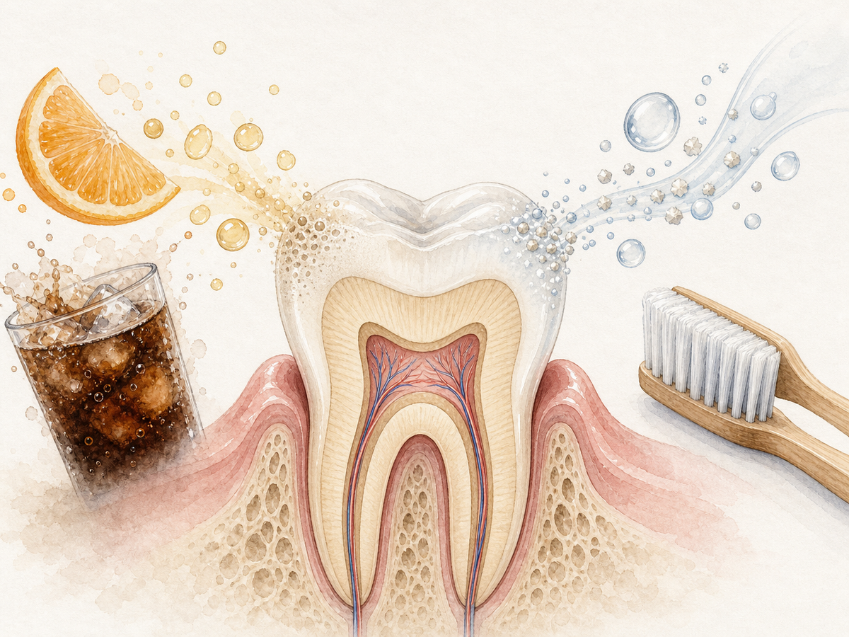 Cross-section of a tooth showing enamel softened by acidic food and drink, while saliva droplets return minerals to the surface. A soft toothbrush waits away from the tooth, illustrating why brushing should be delayed after acidic meals.