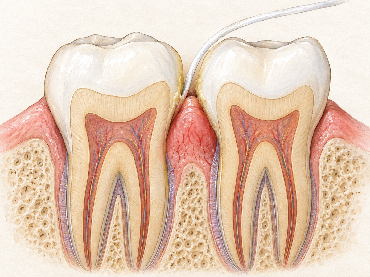 A cross-section of two teeth and gum tissue shows dental plaque along the gumline and a strand of floss gently entering the sulcus; inflamed gum tissue contains fragile capillaries, explaining why gums may bleed when flossing.
