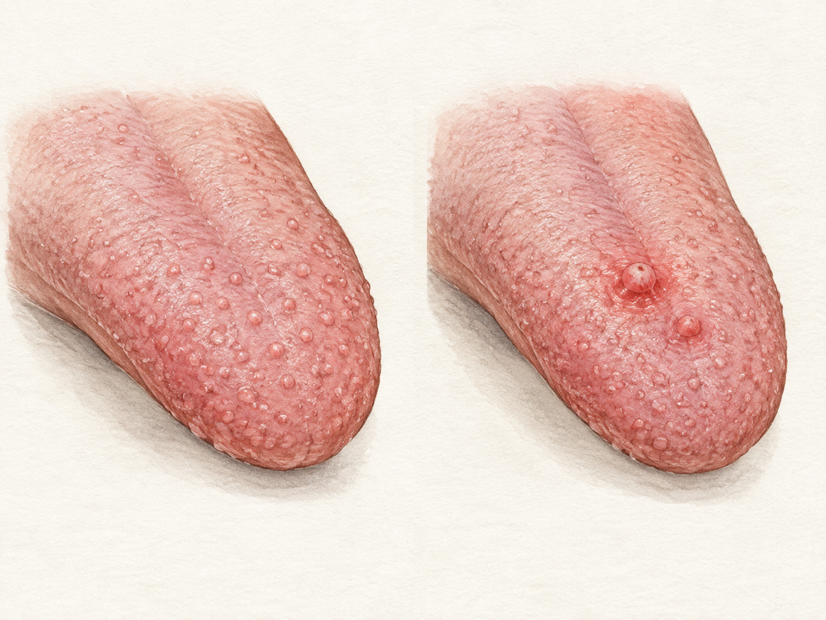 A close view of the tongue surface compares normal fungiform papillae with a single swollen, red-tipped papilla on the tip or side, showing the temporary inflammation typical of transient lingual papillitis.