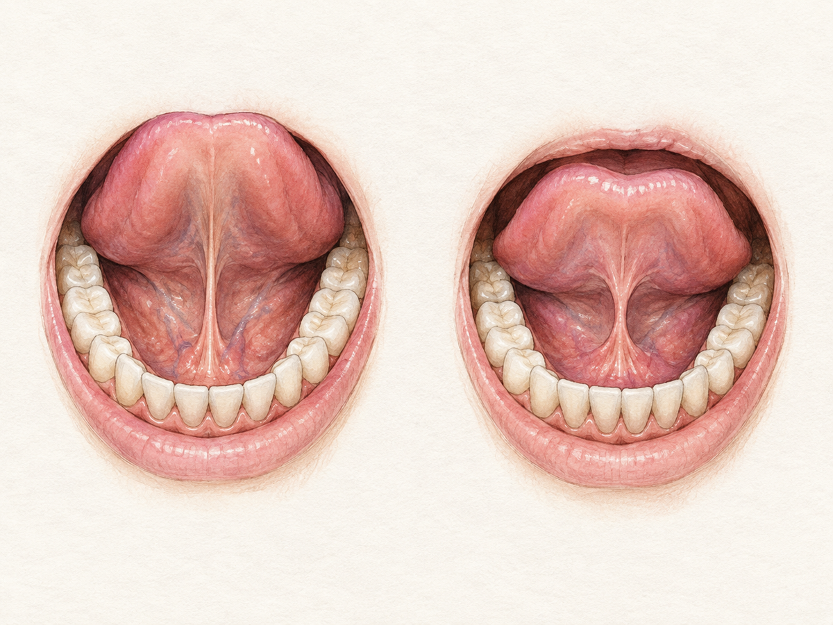 A side-by-side anatomical view of the mouth's underside shows a normal lingual frenum allowing full tongue lift, next to a tight, short lingual frenum that tethers the tongue and limits movement.