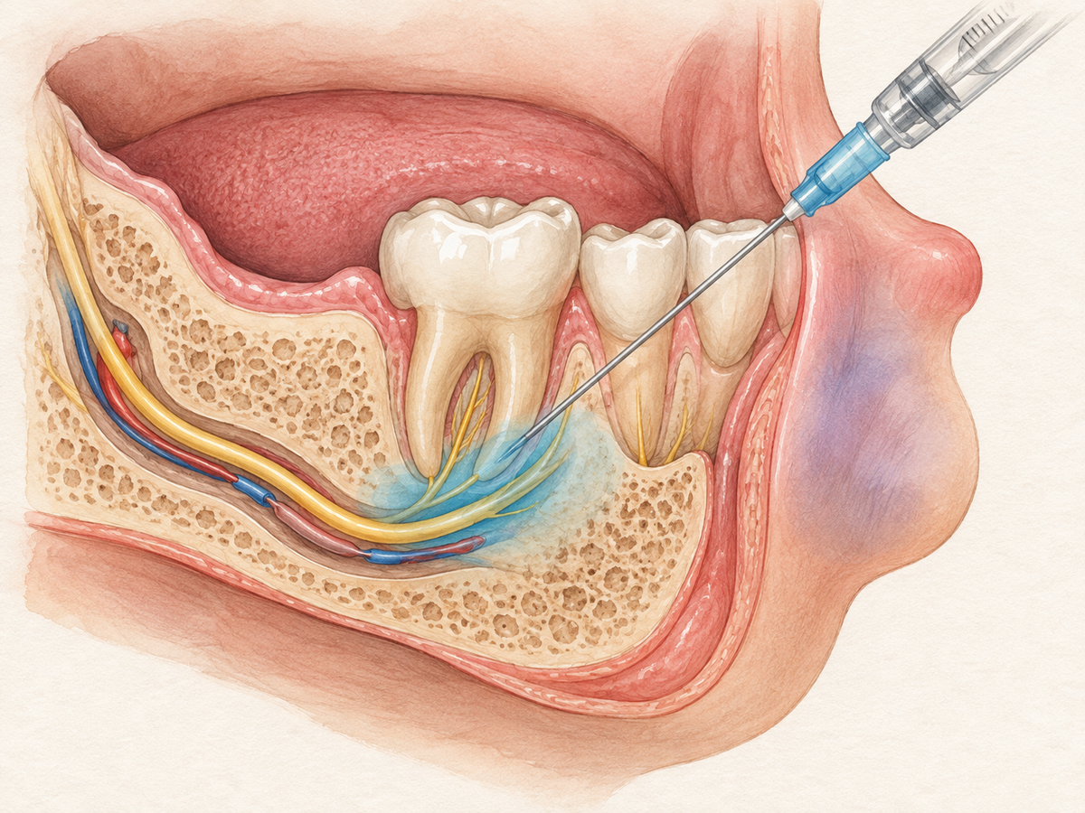 Cross-section of the lower jaw and mouth with a dental needle near the mandibular nerve, a faint halo of local anesthetic around the nerve, and a slightly narrowed nearby blood vessel, highlighting the anatomical basis of common numbing-shot side effects.