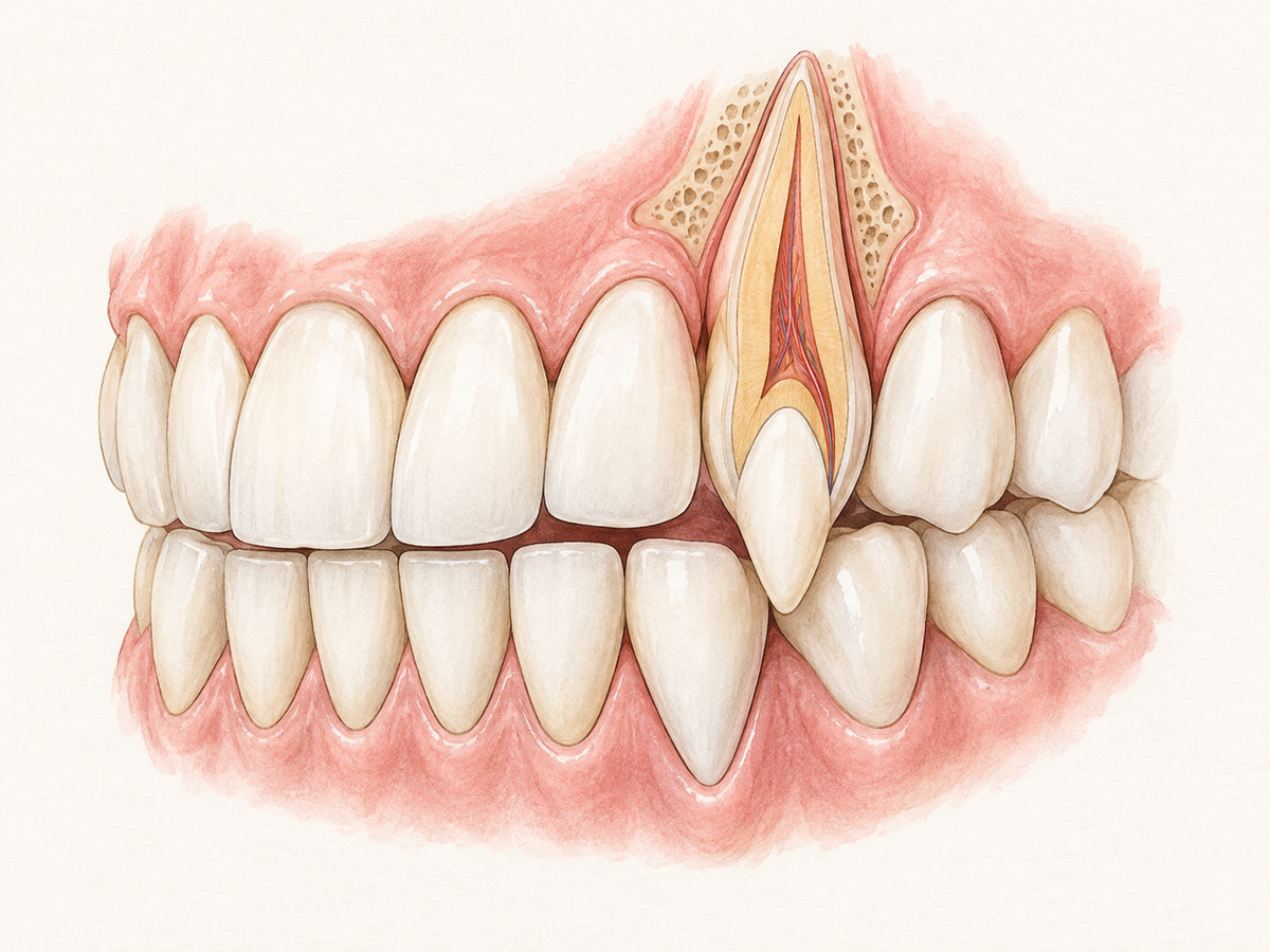 A human dental arch showing the four pointed canine teeth beside the incisors, with a cutaway of one upper canine revealing its long root anchored in healthy gum and bone.