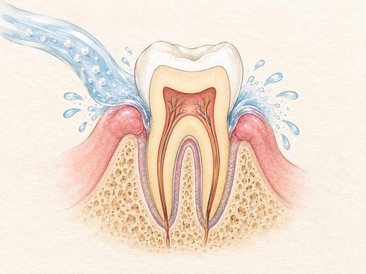 A cross-section of a tooth and gum shows mild gum swelling being soothed by a warm saltwater rinse, with tiny salt crystals dissolving and fluid moving out of the gum tissue to illustrate osmosis and short-term comfort.
