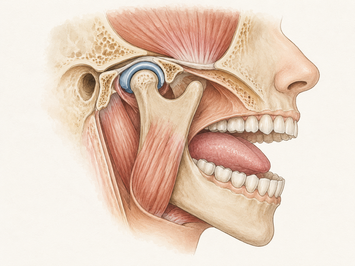 A side-view anatomical cutaway of the temporomandibular joint during a gentle jaw opening, showing the condyle, disc, relaxed jaw muscles, and tongue resting on the roof of the mouth.