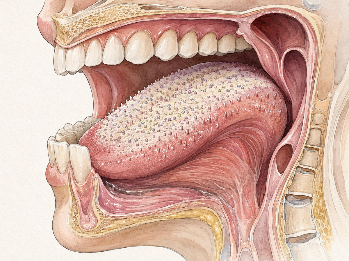 Cross-section of the mouth showing the top surface of the tongue covered by a pale bacterial coating among the papillae, with healthy ivory teeth and pink gums nearby, highlighting the tongue as the main source of bad breath.