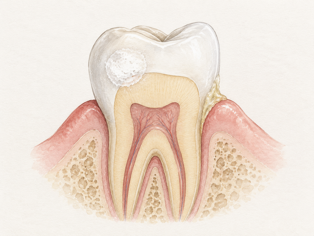 Cross-section of a tooth showing a chalky white spot on the enamel from early demineralization, with intact surrounding enamel, dentin, pulp, and a small area of plaque biofilm near the gumline.