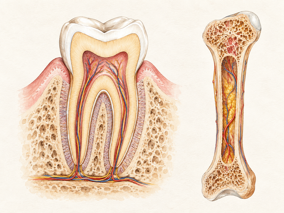 A cross-section of a human molar in its jaw socket shows enamel, dentin, pulp, cementum, and periodontal ligament fibers anchoring it to alveolar bone, beside a bone cross-section with marrow and blood vessels, illustrating that teeth are not bones.