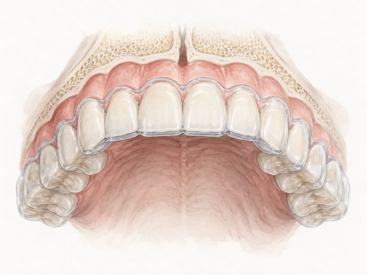 A clear removable Essix retainer fits over an upper dental arch in cross-section, showing how the thin plastic shell hugs the teeth and gumline to hold them in passive alignment after orthodontic treatment.
