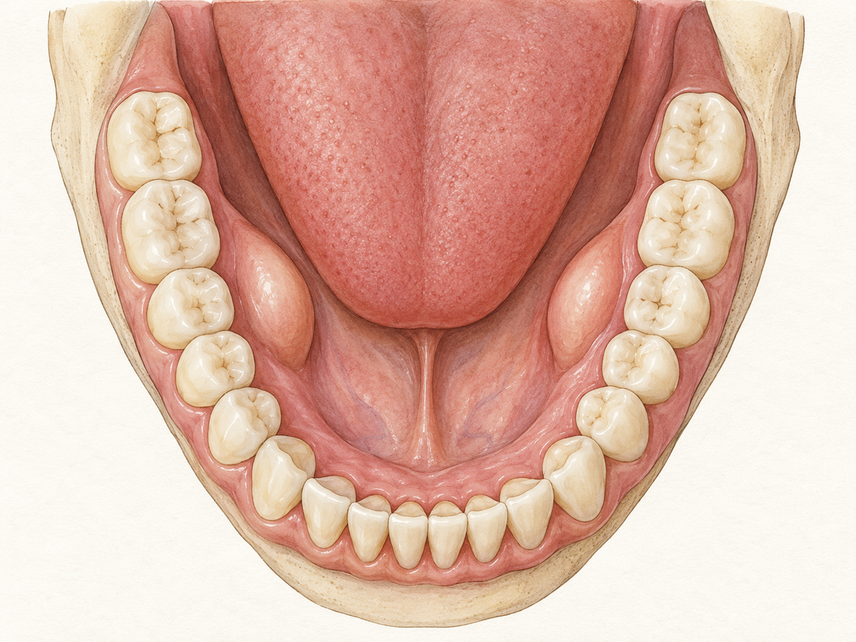 Lower jaw seen from above with two smooth bony bumps on the tongue side near the premolars, covered by healthy pink gums, illustrating benign mandibular tori.
