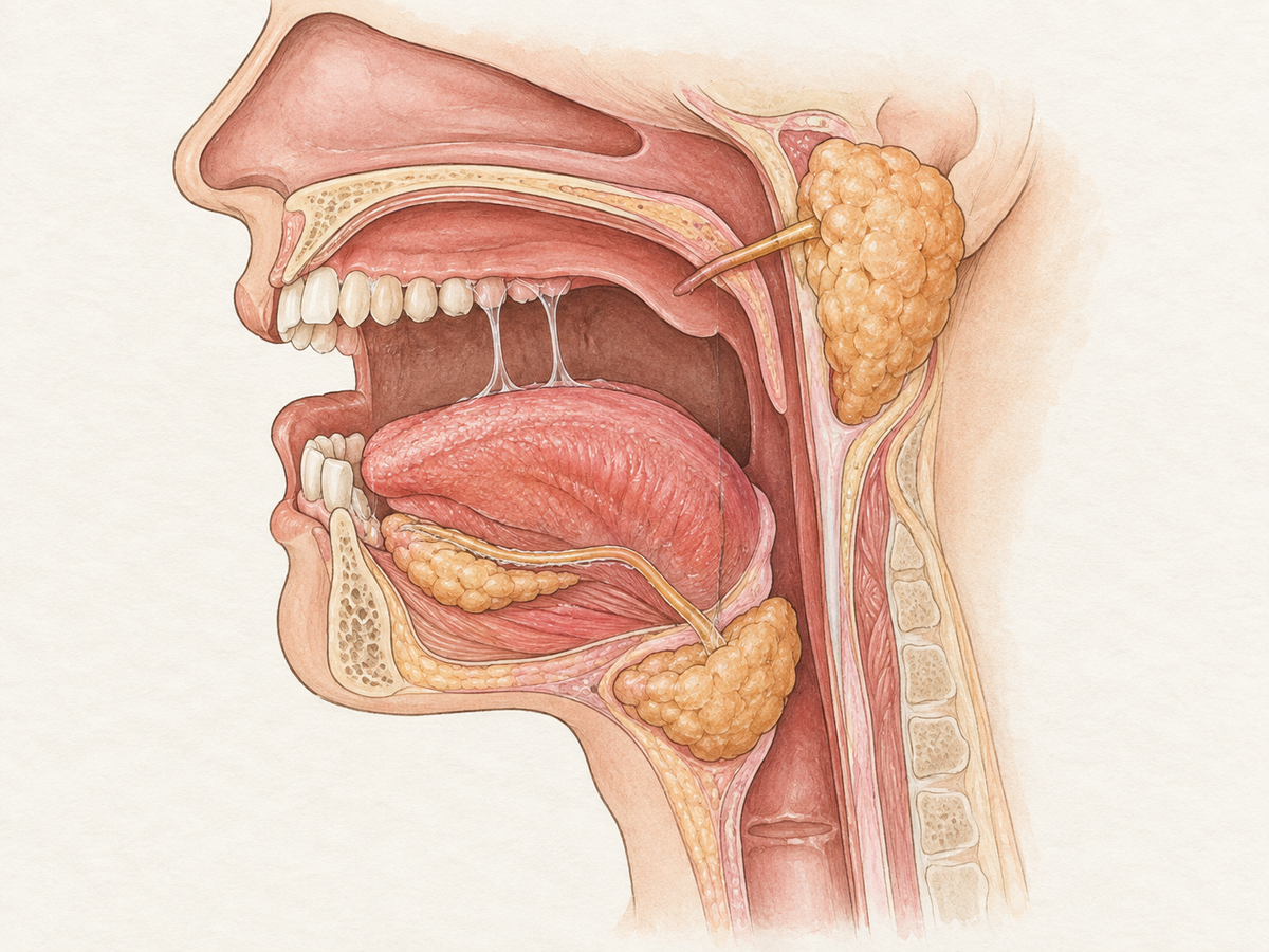 Cross-section of the mouth showing teeth, tongue, gums, and salivary glands, with thickened, stringy saliva bridging the tongue and palate to illustrate sticky saliva or dry mouth.