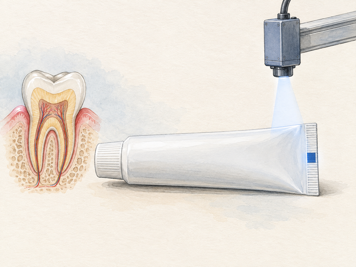 A sensor beam reads a small colored mark near the crimped end of an unbranded toothpaste tube, shown beside a cross-section of a tooth with enamel, dentin, pulp, and gum where fluoride protects enamel.